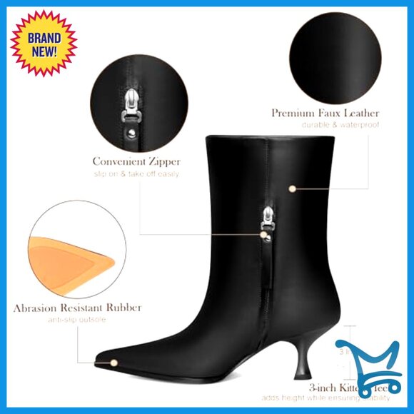 New Womens Mid Calf Boots Pointed Toe Kitten Heels Pull On  Kitten Heel Ankle Boots, Pointed Toe Faux Leather Mid-Calf Dress Booties